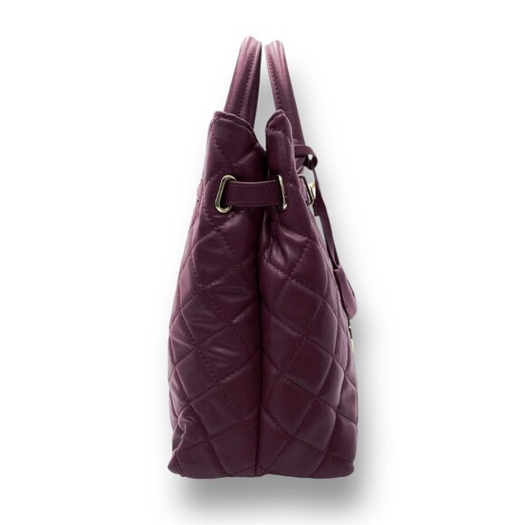New Badgley Mischka Plum Big Diamond Quilted Tote Bag Gold Lock Vegan Leather - Picture 3 of 7